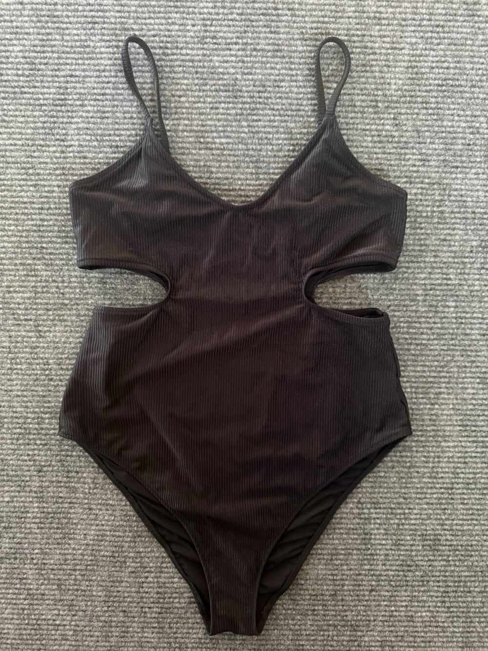 Aerie Real Good Women's XL One Piece Cheeky Swimsuit Black Ribbed Cutout NWT